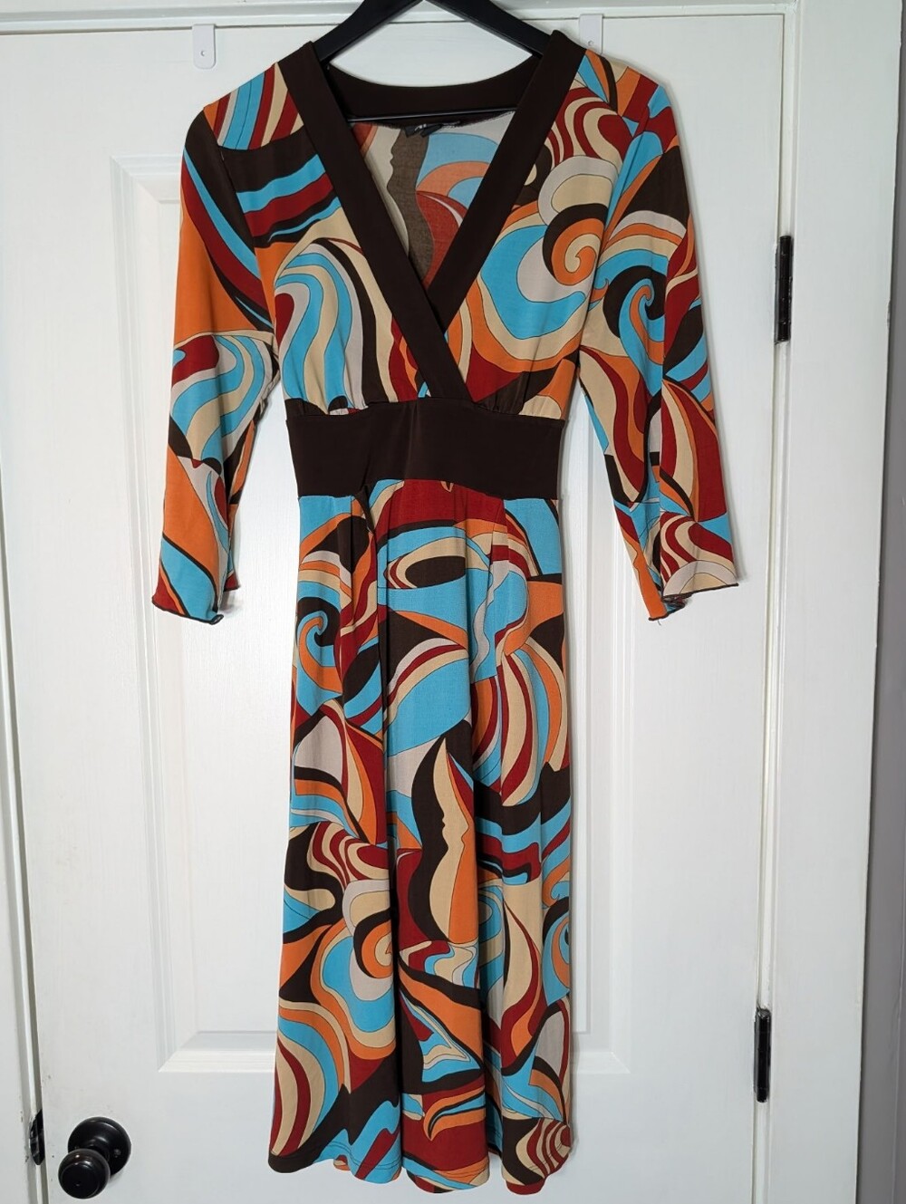 AB Studio Brown, Blue & Orange Retro Swirl V-Neck Midi Dress